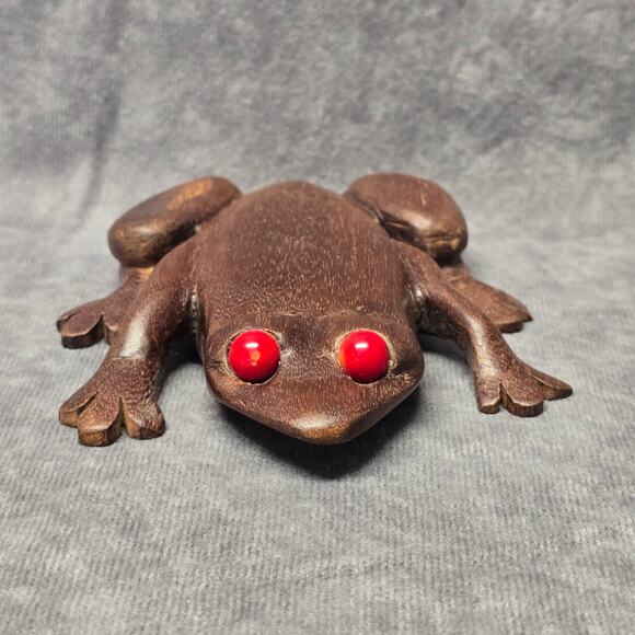 Vintage Hand Carved Mahogany Wooden Red Eyed Frog Toad Figurine - Picture 2 of 9